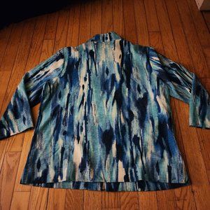 Chico's Size 2 Teal Blue Navy Silver White 3/4 Sleeve Full Zip Blazer Jacket